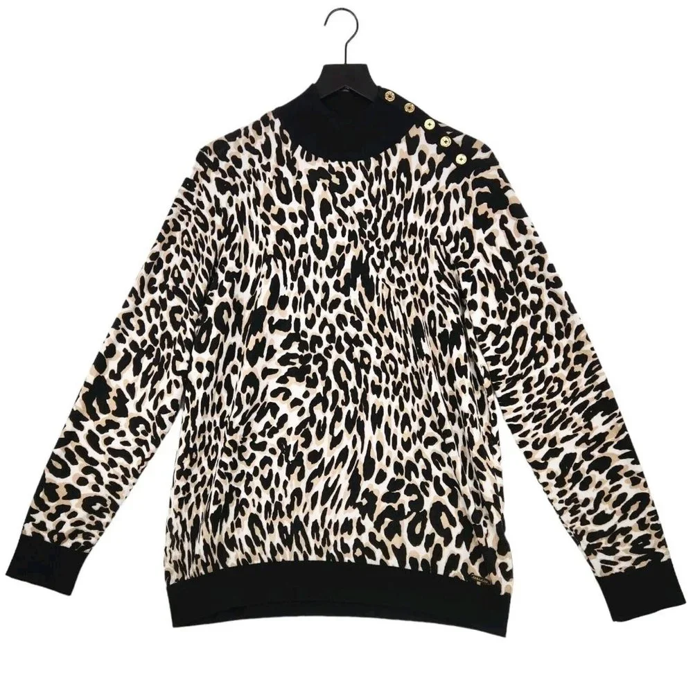 Calvin Klein Women's Animal Print Sweater Size Large Mock Neck Leopard Mob Wife
